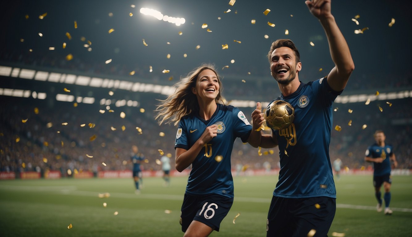 A soccer player celebrates with his girlfriend, surrounded by symbols of wealth and income